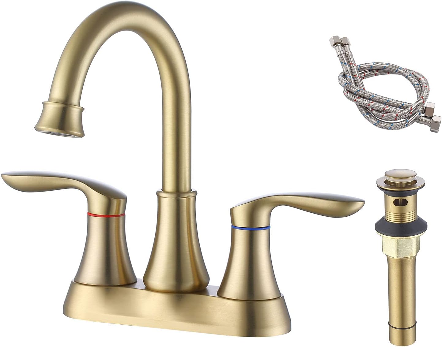 Bathroom Faucet Brushed Gold with Pop up Drain & Supply Hoses 2-Handle 360 Degree High Arc Swivel Spout Centerset 4 Inch