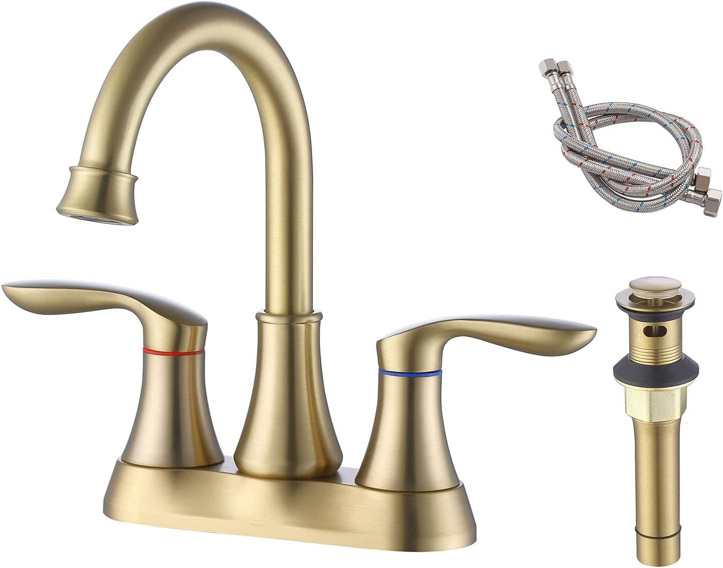 Bathroom Faucet Brushed Gold with Pop up Drain & Supply Hoses 2-Handle 360 Degree High Arc Swivel Spout Centerset 4 Inch