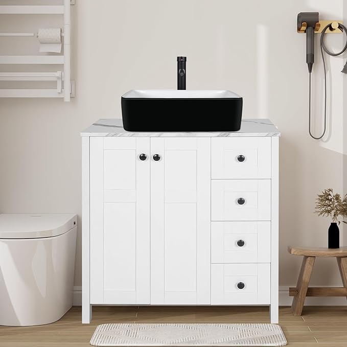 32-Inch Traditional Bathroom Vanity Set in White Finish, Single Bathroom Vanity with Marble Texture Top