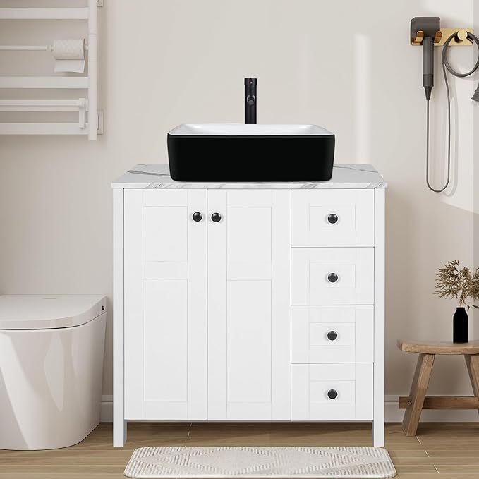 32-Inch Traditional Bathroom Vanity Set in White Finish, Single Bathroom Vanity with Marble Texture Top