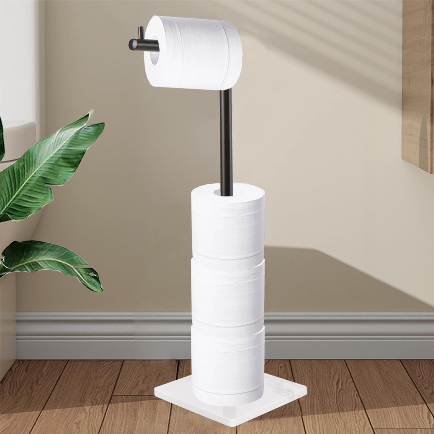 Toilet Paper Holder Stand, Free Standing Tissue Paper Storage for Bathroom, Stainless Steel Toilet Paper Stand with Reserve for 5 Roll Marble Base Bathroom Toilet Roll Holder