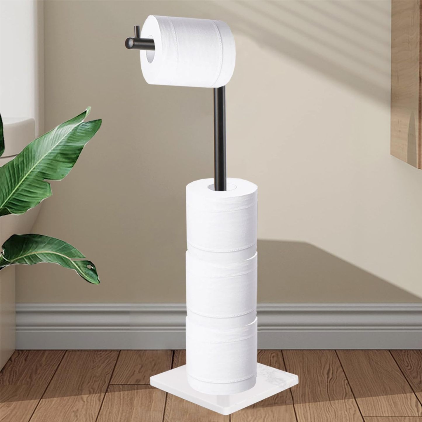 Toilet Paper Holder Stand, Free Standing Tissue Paper Storage for Bathroom, Stainless Steel Toilet Paper Stand with Reserve for 5 Roll Marble Base Bathroom Toilet Roll Holder