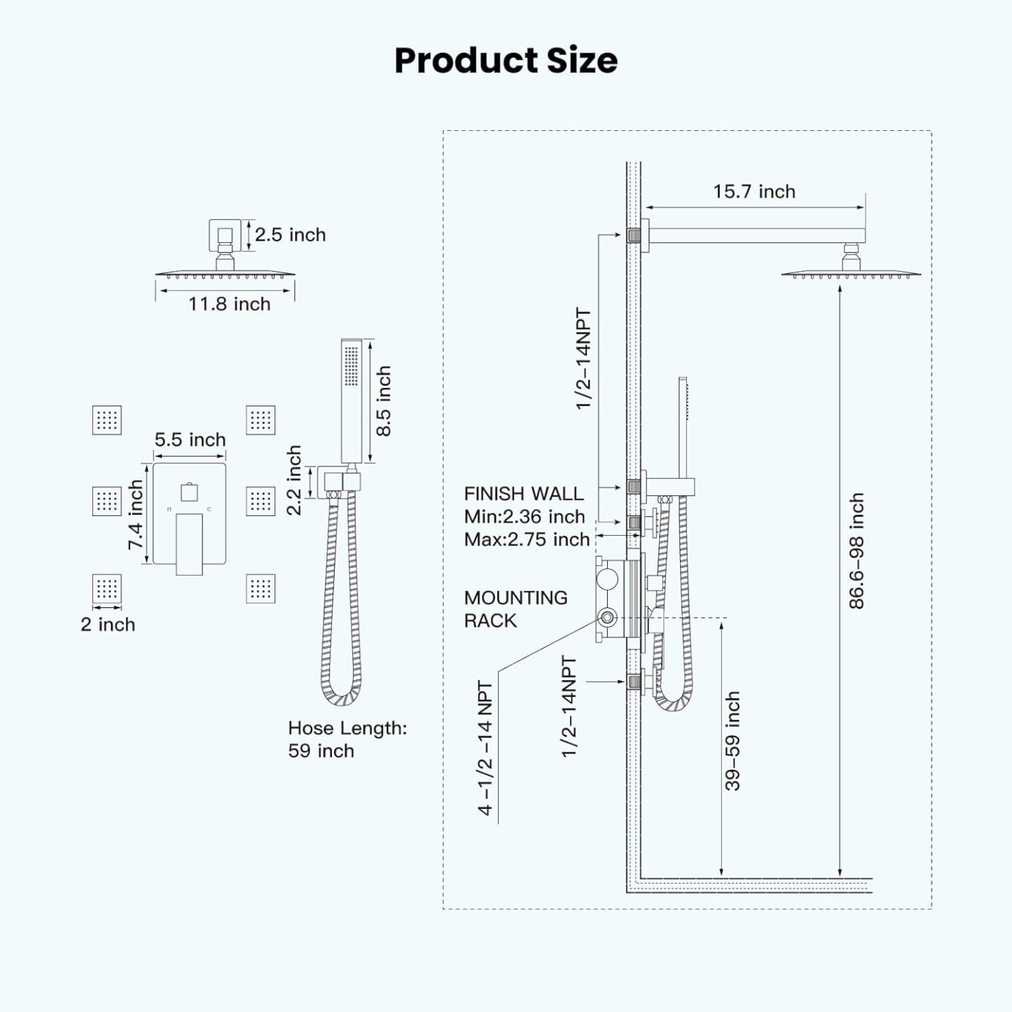 Wall Mounted Rain Mixer Shower Faucet Set Matte Black 12 inch Square Rainfall Shower Head