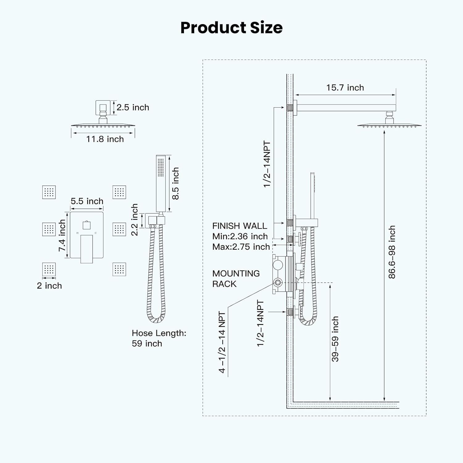 Wall Mounted Rain Mixer Shower Faucet Set Matte Black 12 inch Square Rainfall Shower Head