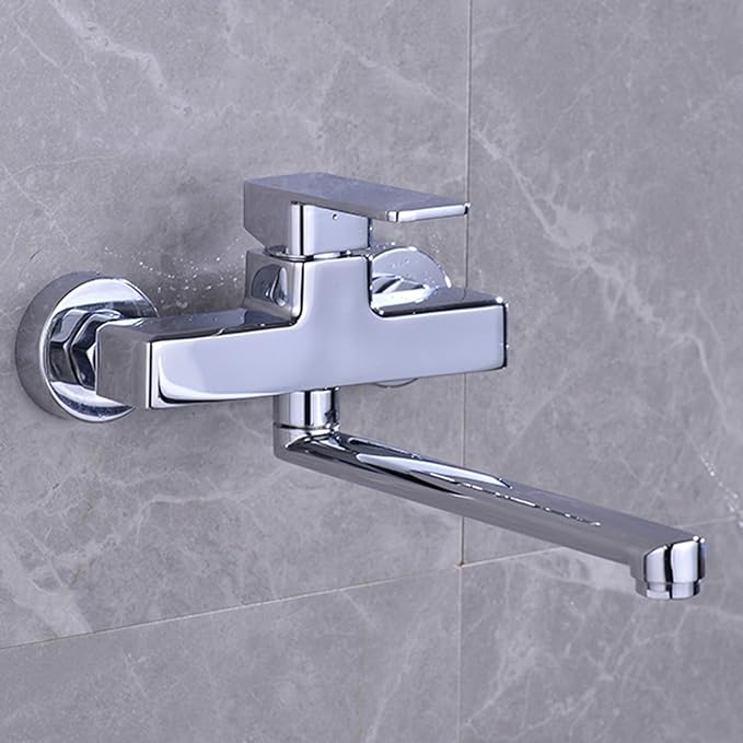 Wall Mounted Kitchen Faucet Brass Swivel Hot and Cold Water Double Hole Kitchen Sink Faucet