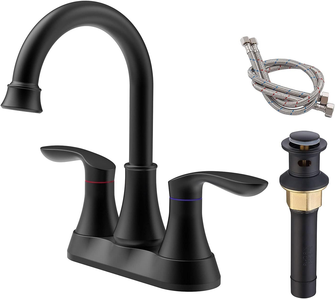 Bathroom Faucet Matt Black with Pop-up Drain & Supply Hoses 2-Handle 360 Degree High Arc Swivel Spout Centerset 4 Inch Vanity Sink Faucet