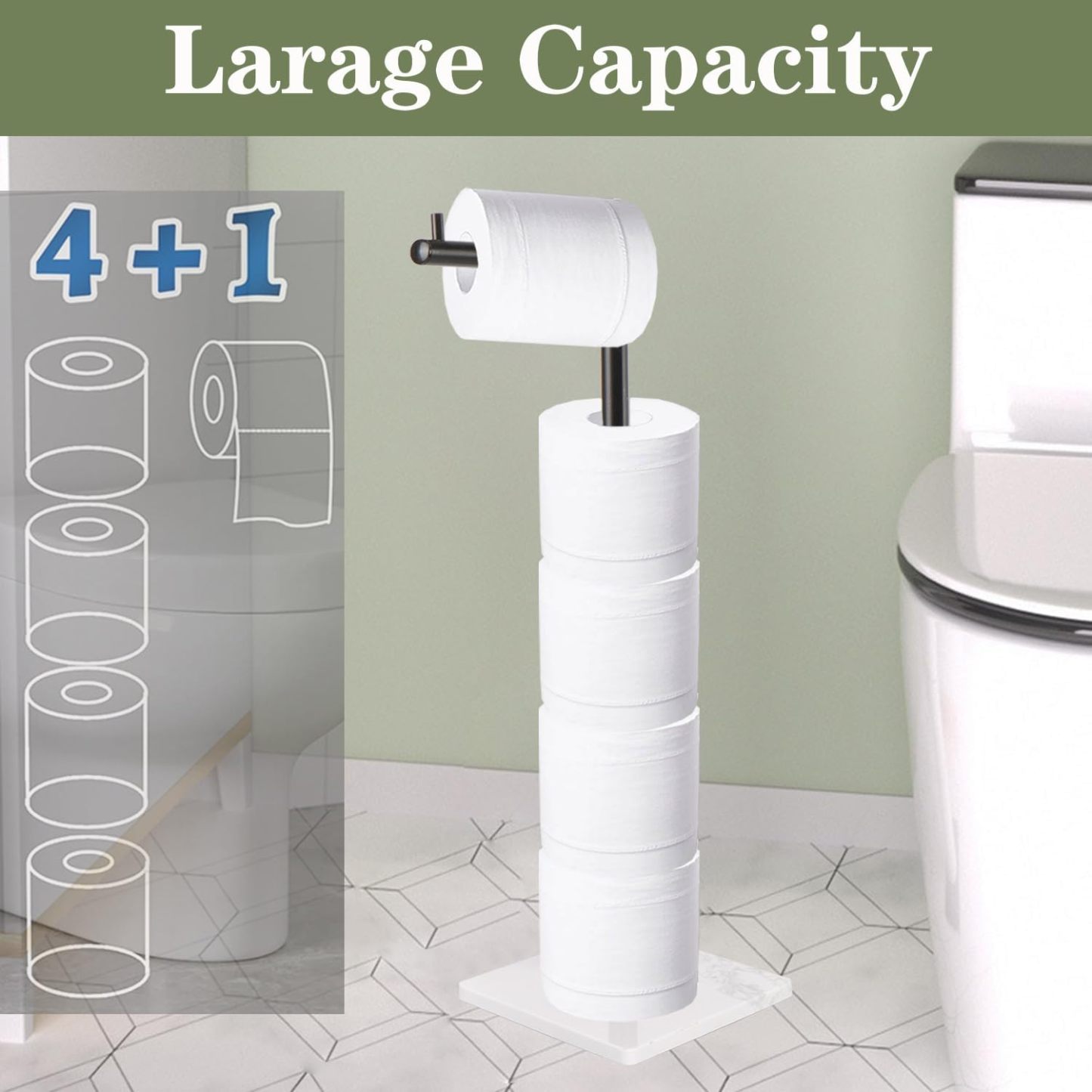 Toilet Paper Holder Stand, Free Standing Tissue Paper Storage for Bathroom, Stainless Steel Toilet Paper Stand with Reserve for 5 Roll Marble Base Bathroom Toilet Roll Holder