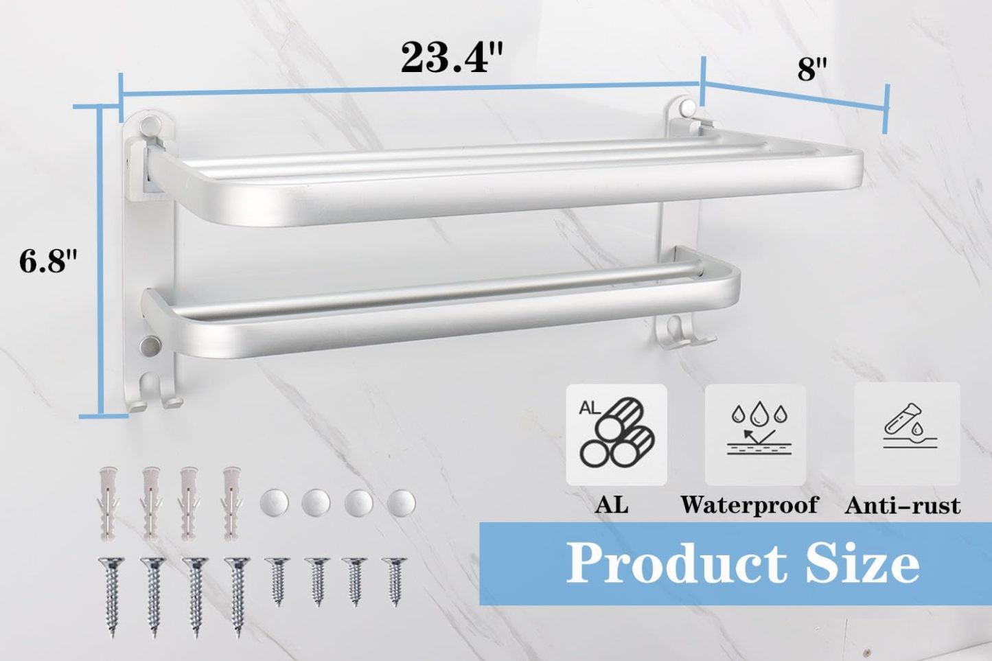 Bath Towel Holder with Double Towel Bar and Fold-able Towel Shelf, Rustproof Towel Organizer Wall Mounted Towel Storage Hanger