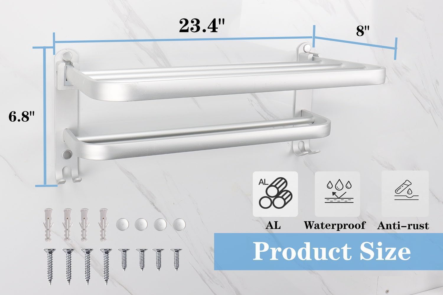 Bath Towel Holder with Double Towel Bar and Fold-able Towel Shelf, Rustproof Towel Organizer Wall Mounted Towel Storage Hanger