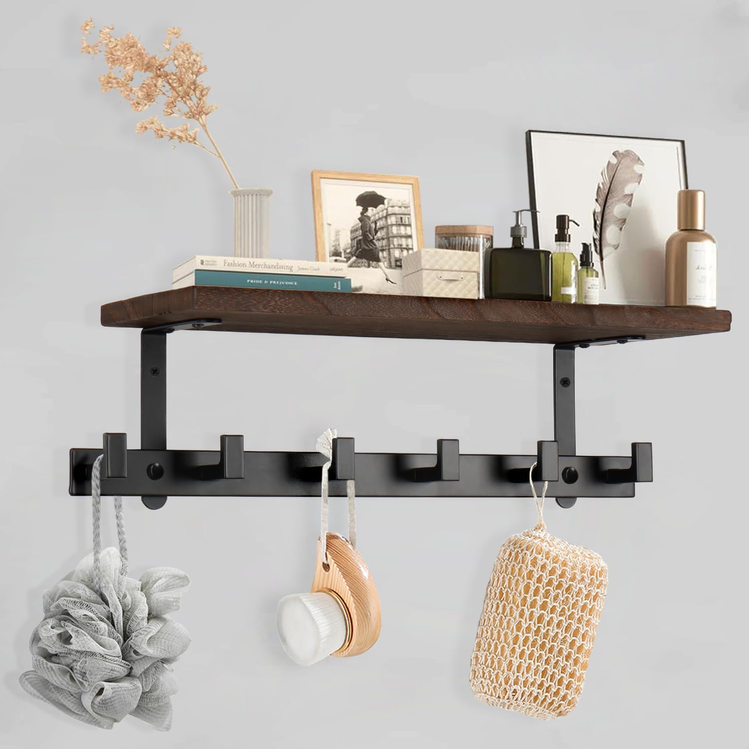 Heavy Duty Wall Hooks with Wood Shelves Coat Hooks for Hanging Clothes Hats Towel