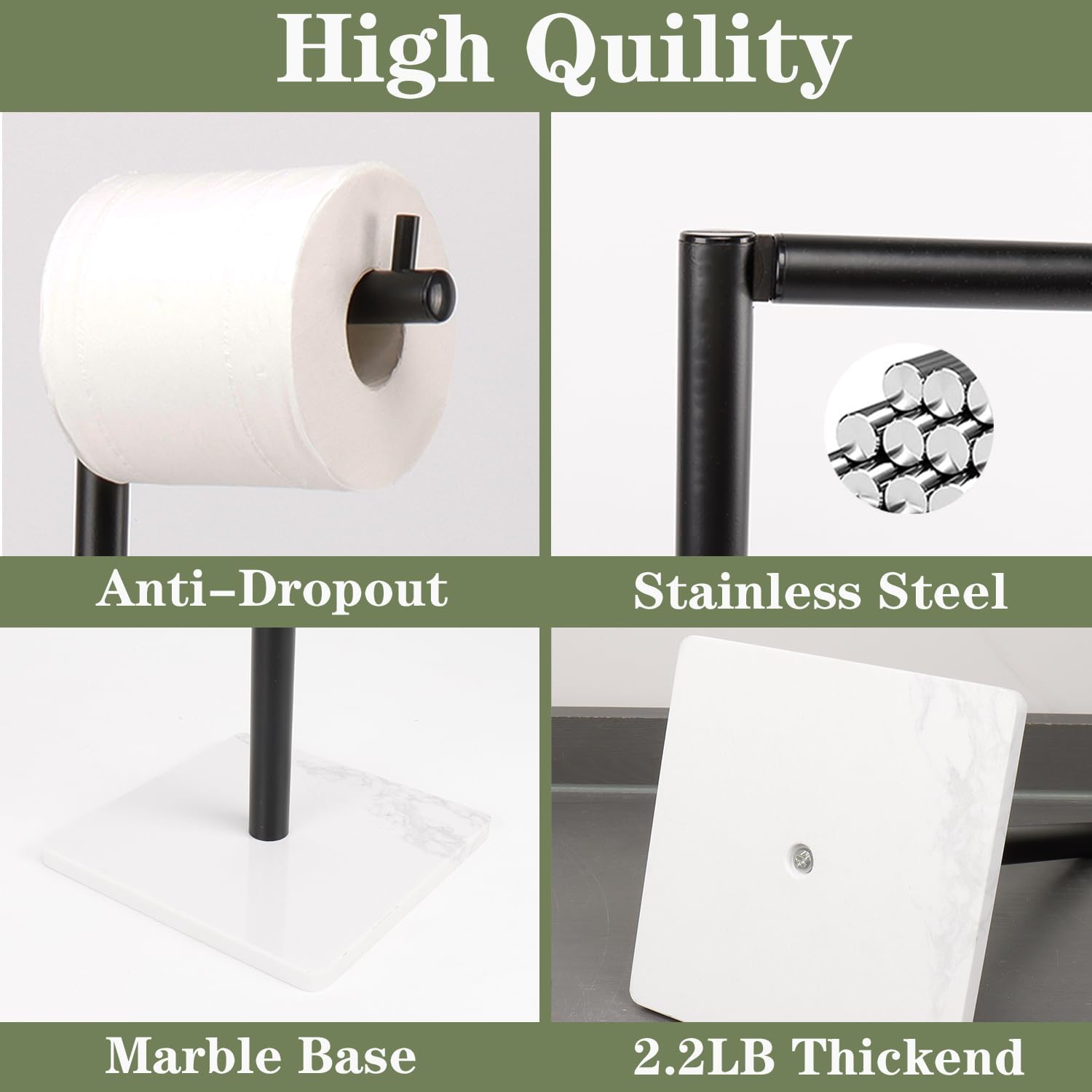 Toilet Paper Holder Stand, Free Standing Tissue Paper Storage for Bathroom, Stainless Steel Toilet Paper Stand with Reserve for 5 Roll Marble Base Bathroom Toilet Roll Holder