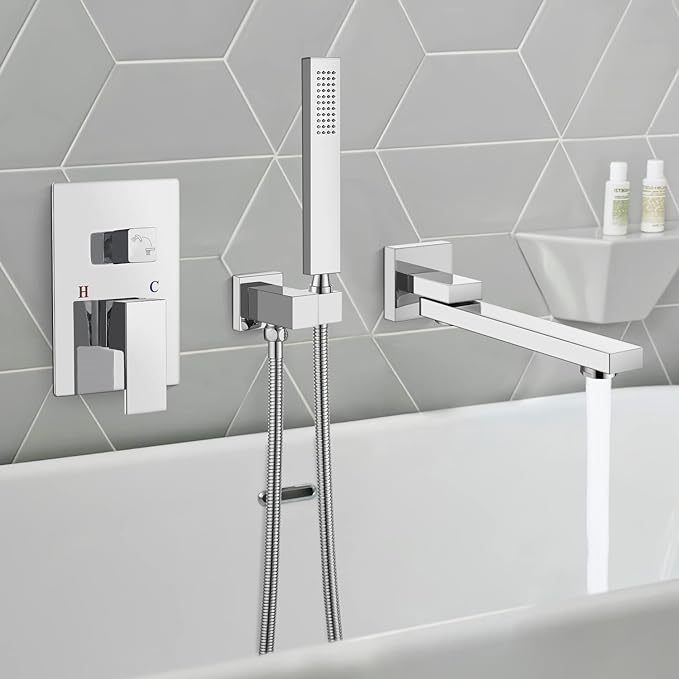 Wall Mount Chrome Polished Bathtub Faucet with Hand Held Sprayer and Swivel Tub Filler