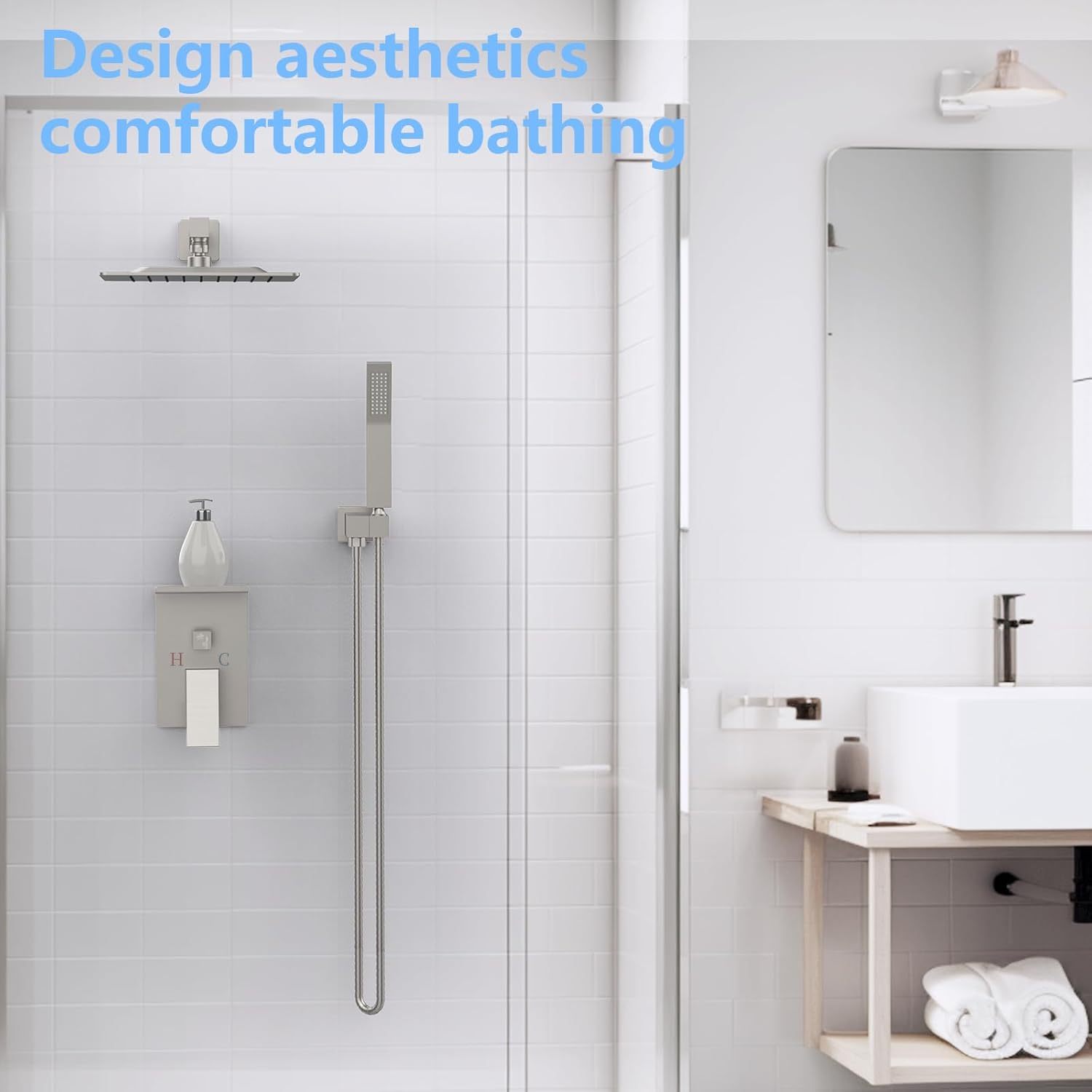 Rainfall Shower System With Storage Rack ​10 inch Shower Faucet Set Brushed Nickel