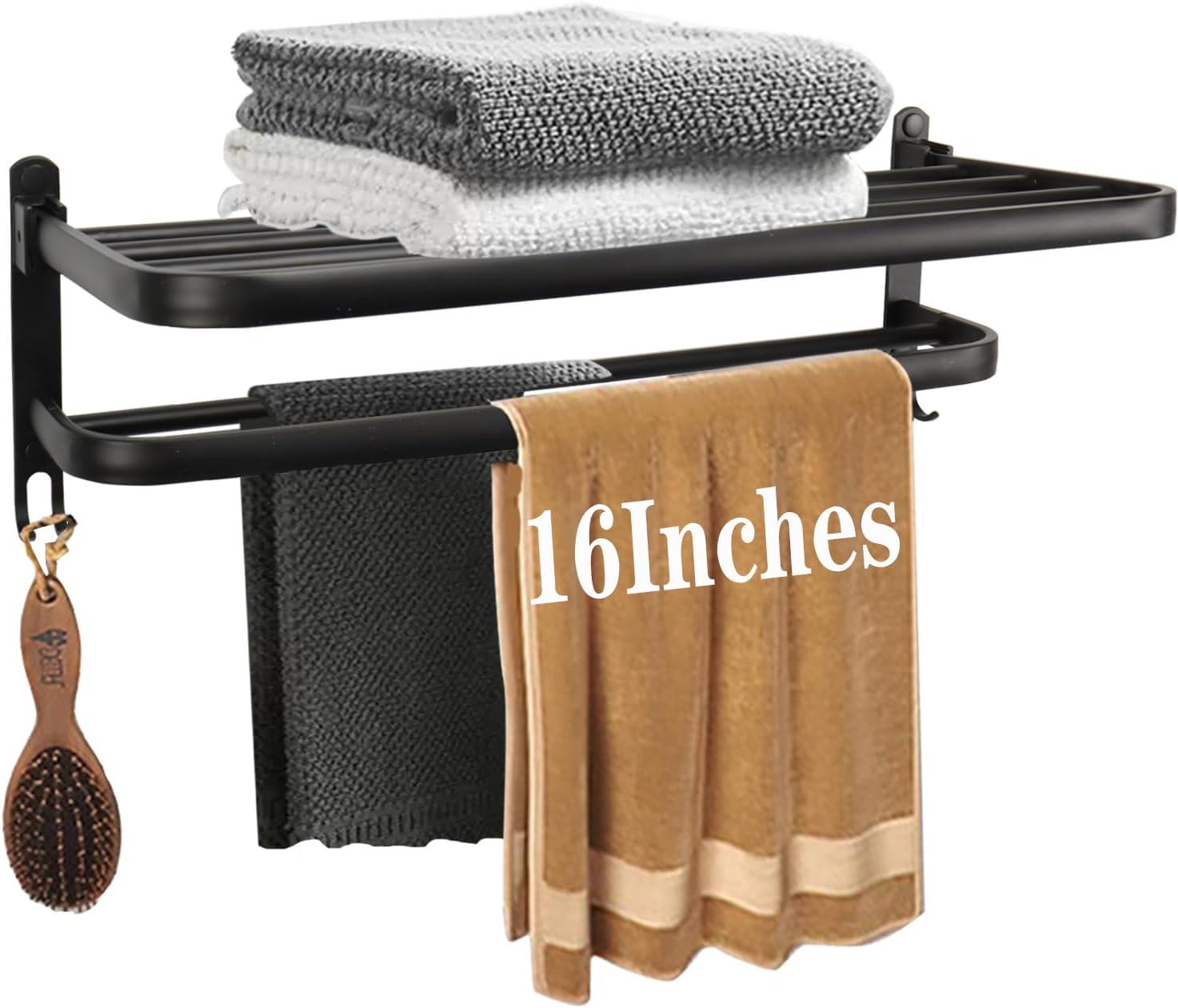 Towel Rack for Bathroom, Bath Towel Holder with Double Towel Bar and Foldable Towel Shelf, Rustproof Towel Organizer Wall Mounted Towel Storage Hanger