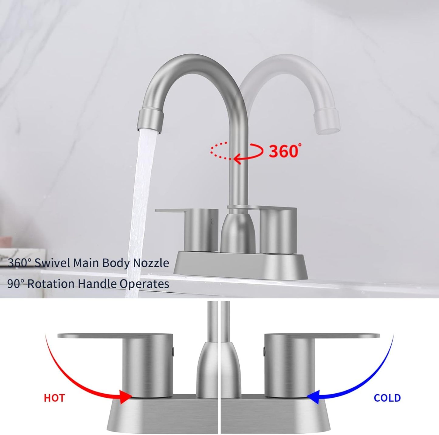 Bathroom Faucet Brushed Nickel 2-Handle Bathroom Sink Faucet 360 Degree High Arc Swivel Spout Centerset 4 Inch