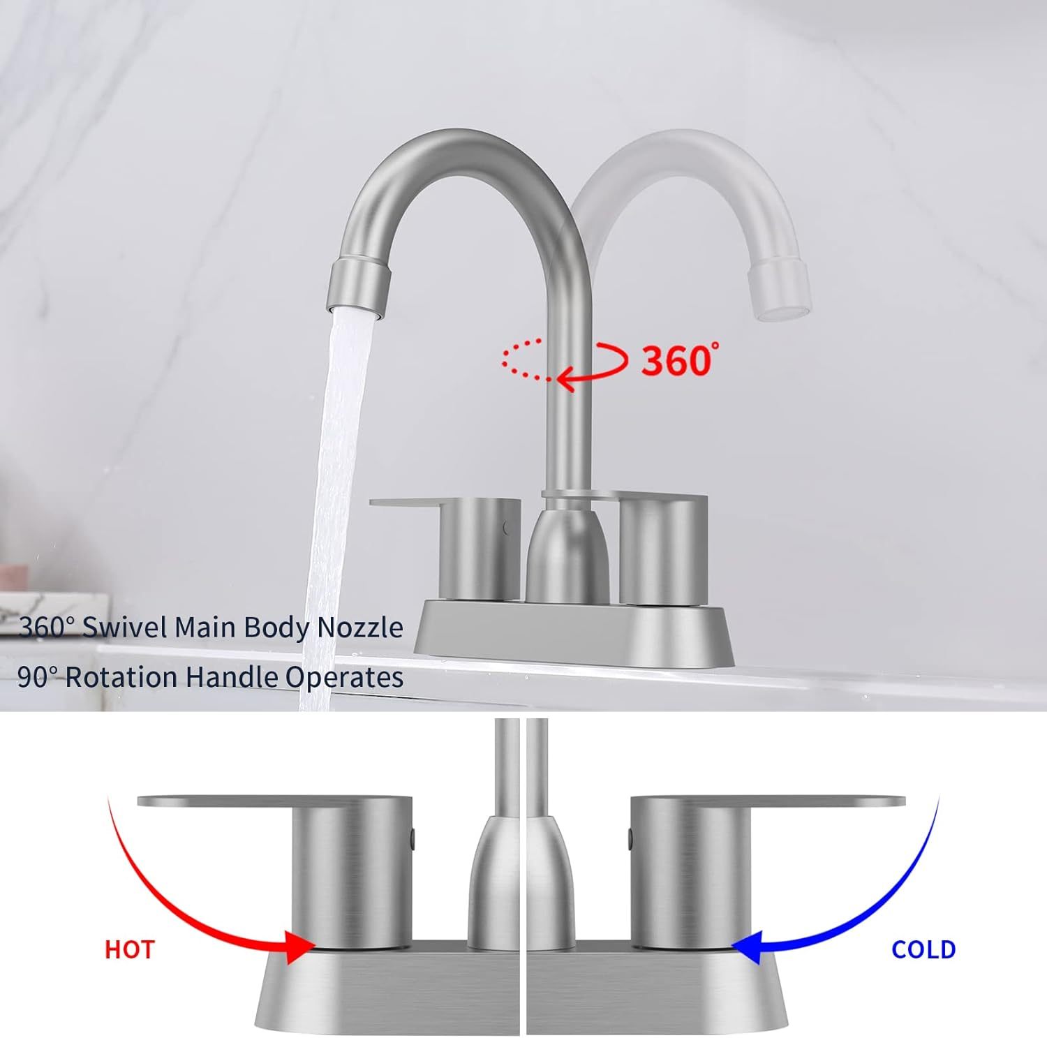 Bathroom Faucet Brushed Nickel 2-Handle Bathroom Sink Faucet 360 Degree High Arc Swivel Spout Centerset 4 Inch