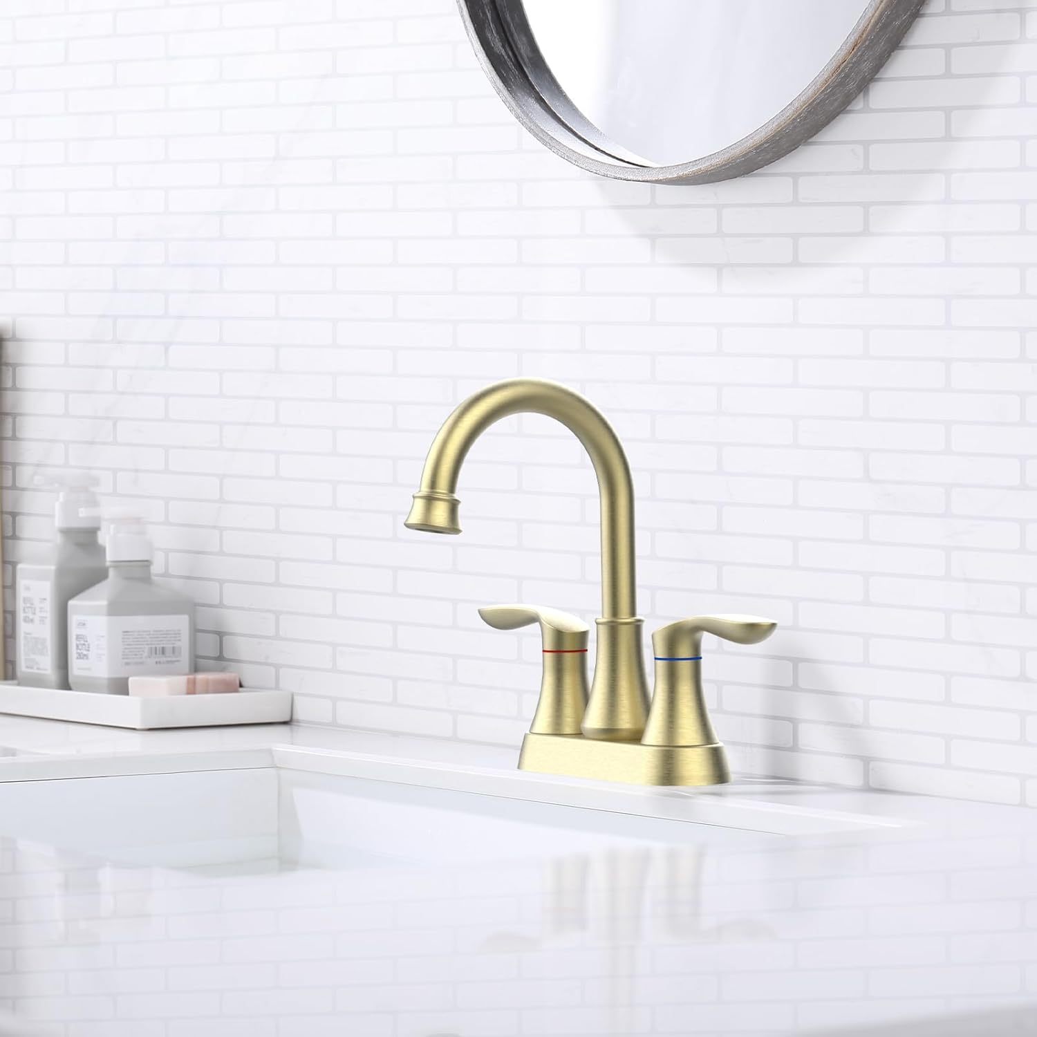 Bathroom Faucet Brushed Gold with Pop up Drain & Supply Hoses 2-Handle 360 Degree High Arc Swivel Spout Centerset 4 Inch