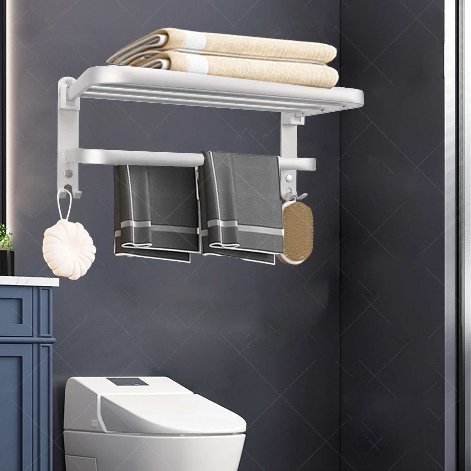 Bath Towel Holder with Double Towel Bar and Fold-able Towel Shelf, Rustproof Towel Organizer Wall Mounted Towel Storage Hanger