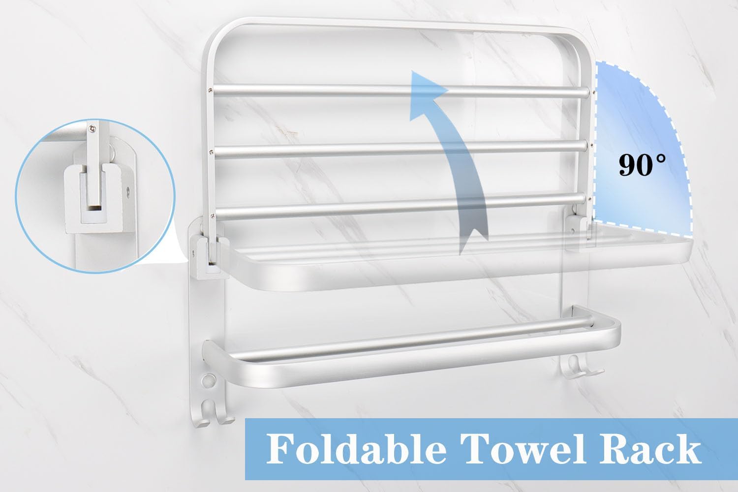 Bath Towel Holder with Double Towel Bar and Fold-able Towel Shelf, Rustproof Towel Organizer Wall Mounted Towel Storage Hanger
