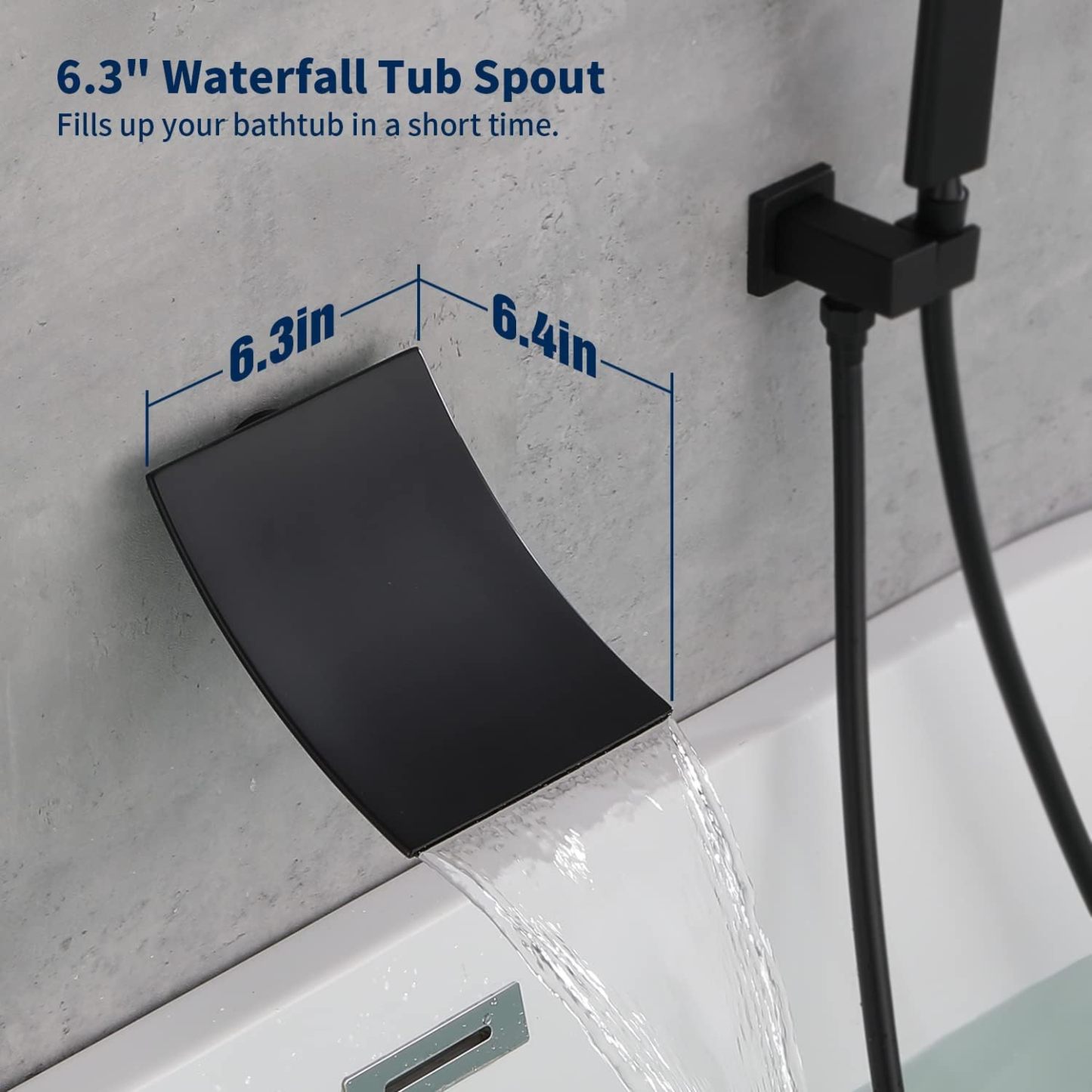 Waterfall Shower head with Handheld, Matte Black Bathtub Shower Faucet with High Flow Wall Mount Tub Faucet