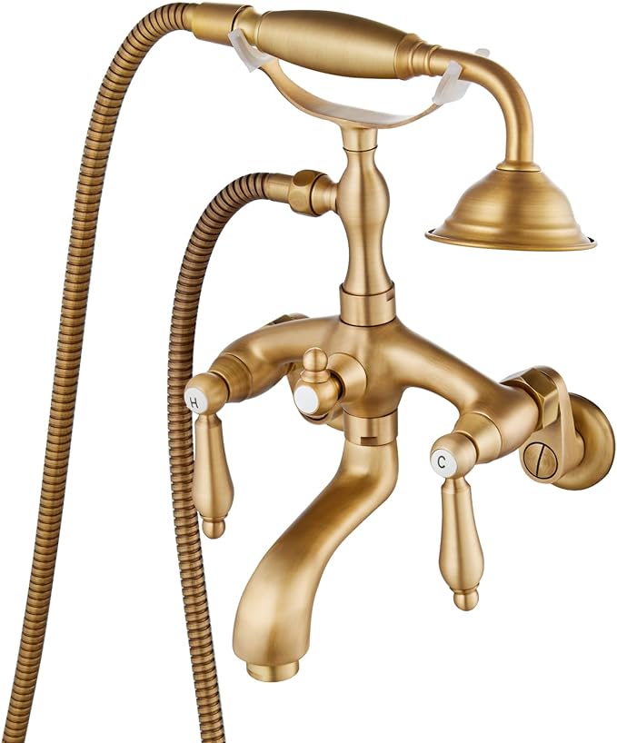 Wall Mount 3 3/8 Clawfoot Tub Faucet Antique Brass with Telephone Shaped Handheld