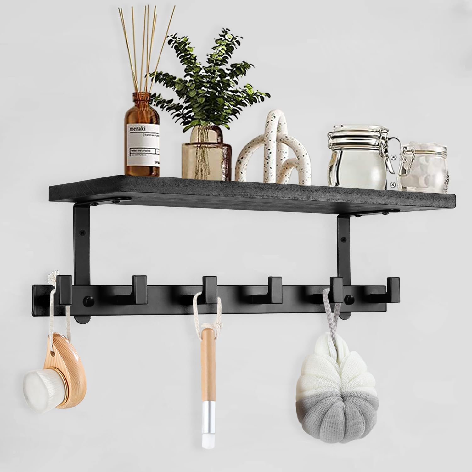 Heavy Duty Wall Hooks with Wood Shelves Coat Hooks for Hanging Clothes Hats Towel