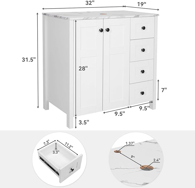 32-Inch Traditional Bathroom Vanity Set in White Finish, Single Bathroom Vanity with Marble Texture Top