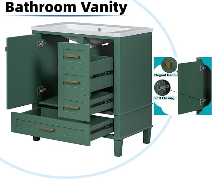 30" Modern Bathroom Vanity with Sink Combo Set, Solid Wood Frame Bathroom Storage Cabinet