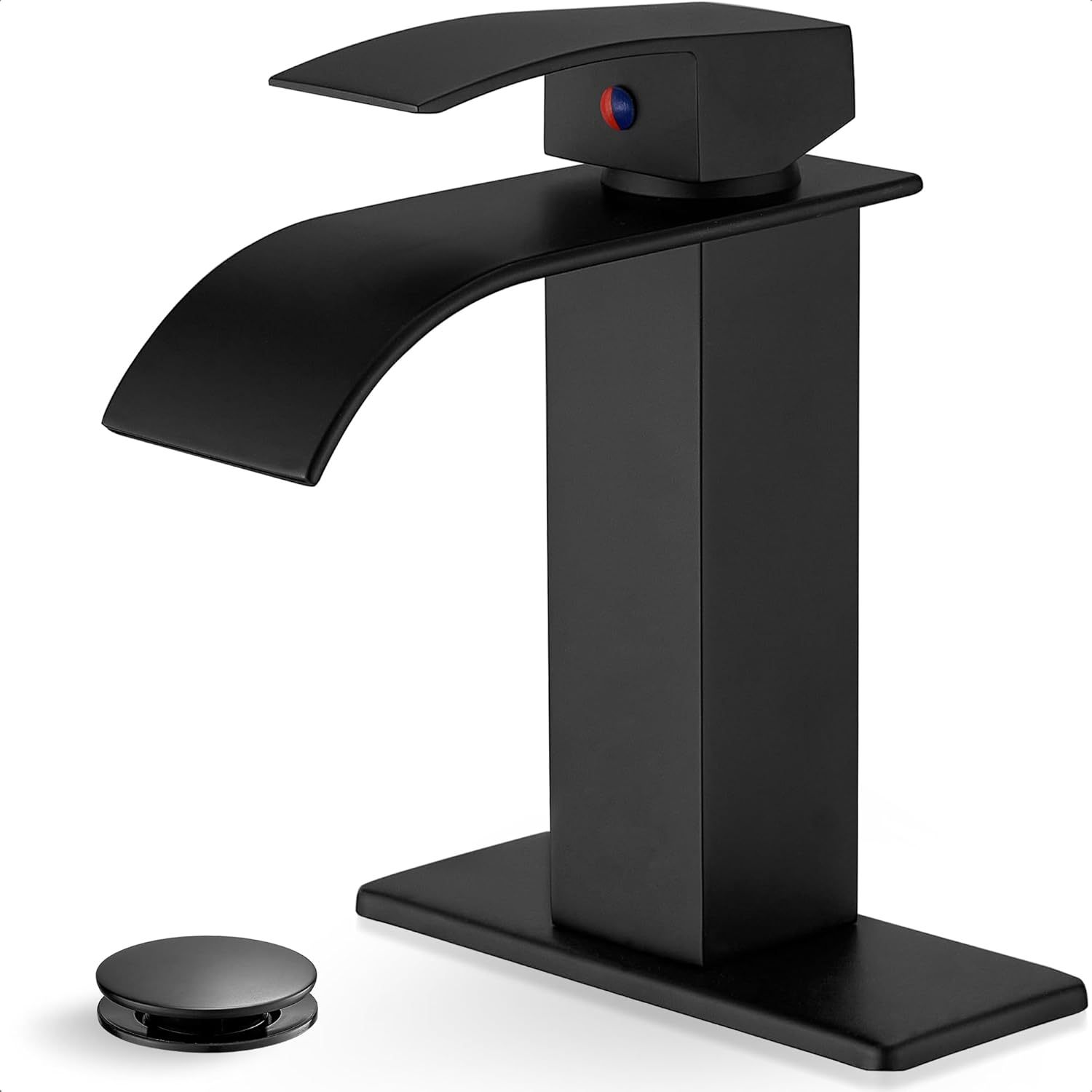 Waterfall Bathroom Faucet, 4 Ins Bathroom Faucets One Hole or 3 Hole, Single Handle with Deck Plate, Pop-up Drain & Water Hose