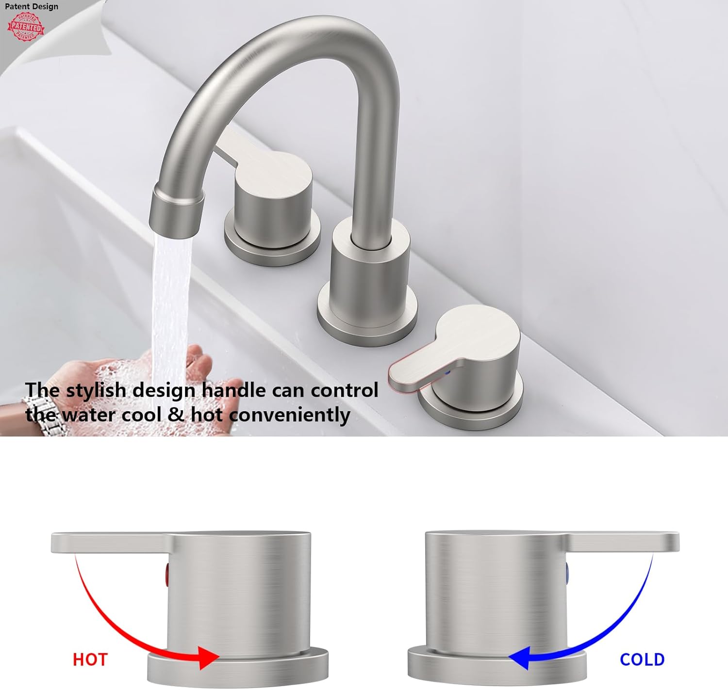 Widespread Bathroom Sink Faucet Brushed Nickel 2 Handle 8 inch Lavatory Faucet 3 Hole 360° Swivel Spout Vanity Sink Basin Faucet