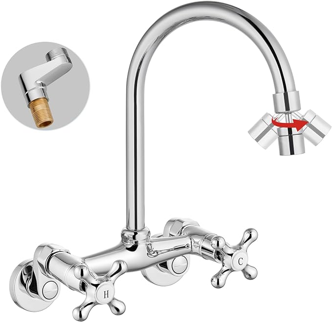 Polish Chrome Kitchen Sink Faucet Wall Mount 6 Inch Center Adjustable Hole Distance Kitchen Wall Faucet