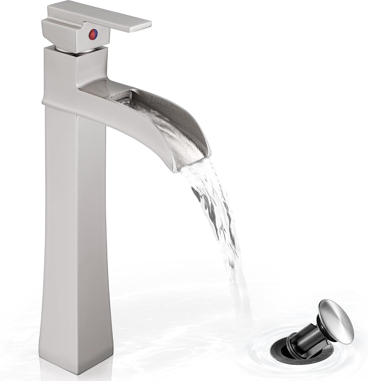 12 Inch Waterfall Tall Bathroom Faucet One Hole with Pop-Up Drain & Pre-Installed Hoses, Single Handle for Bathroom Sink Bowl Deck Mount