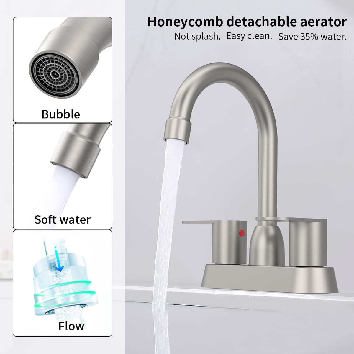 Bathroom Faucet Brushed Nickel 2-Handle Bathroom Sink Faucet 360 Degree High Arc Swivel Spout Centerset 4 Inch