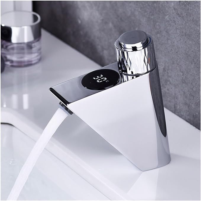 All Copper Hot and Cold Water LED Display Memory Thermostat Bathroom Sink Faucet