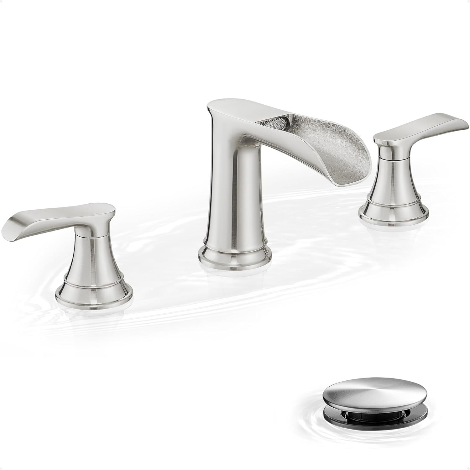 Bathroom Sink Faucet, 8 Inch Widespread, 2 Handles, 3 Hole, Waterfall Design, Ceramic Valve Core