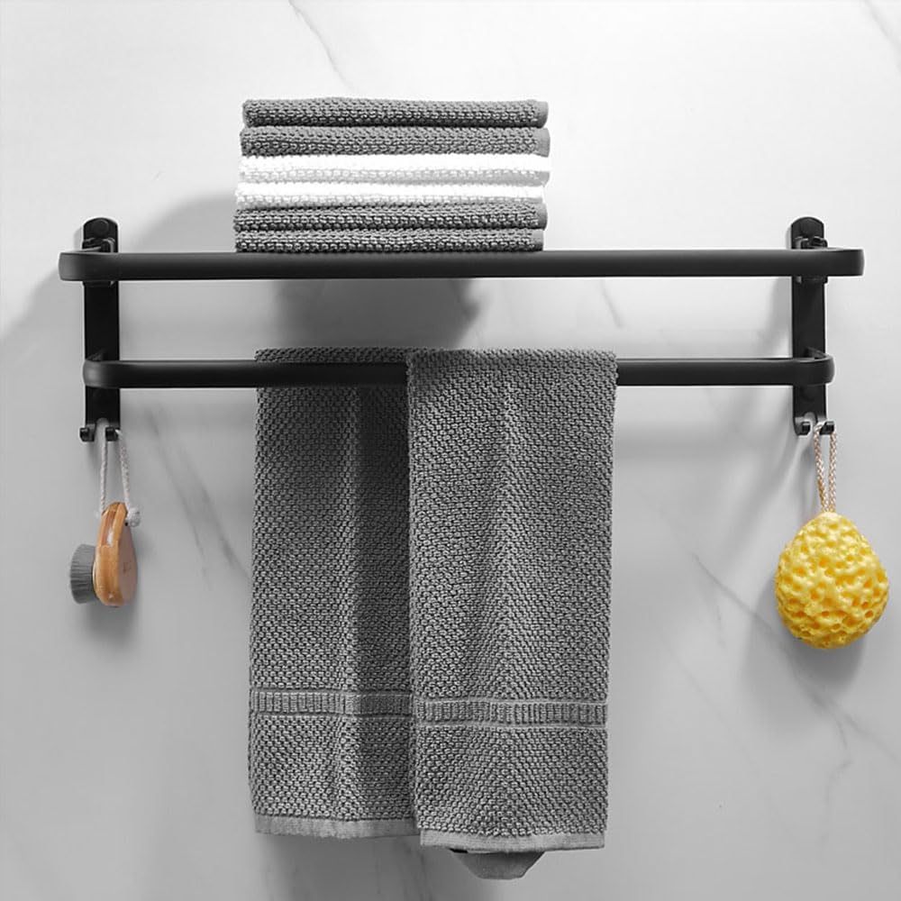 Towel Rack for Bathroom, Bath Towel Holder with Double Towel Bar and Foldable Towel Shelf, Rustproof Towel Organizer Wall Mounted Towel Storage Hanger