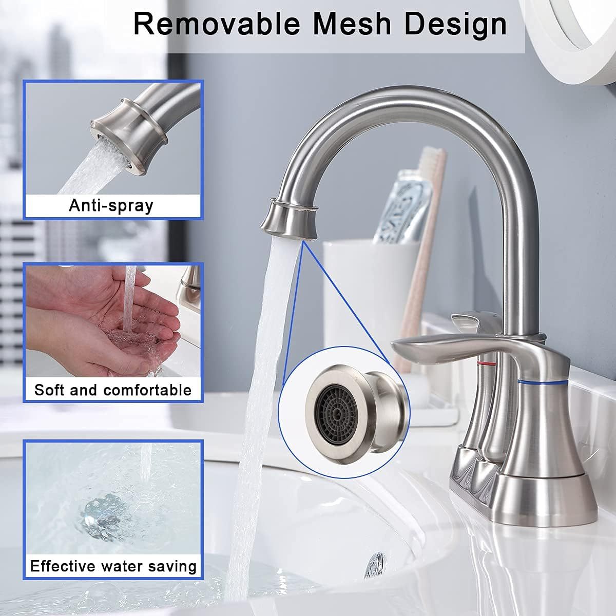 Bathroom Faucet Brushed Nickel with Pop-up Drain & Supply Hoses Two-Handle 360 Degree High Arc Swivel