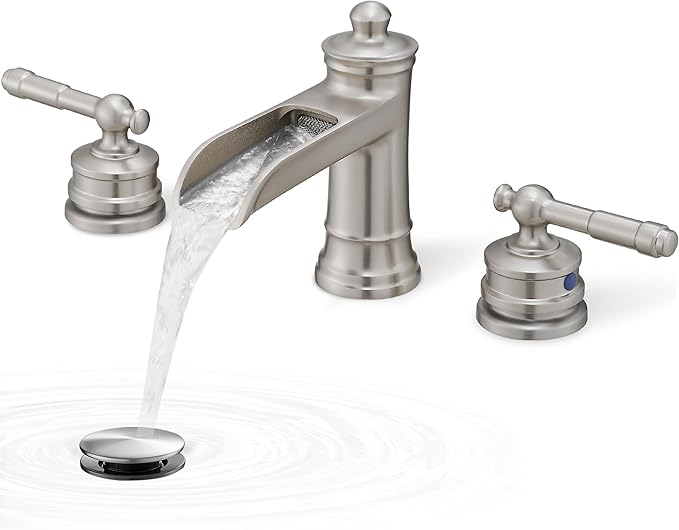Widespread Waterfall Bathroom Faucet, Brass 3 Hole Bathroom Sink Faucet 4-16 Inch, 2 Handles with Supply Hose & Overflow Pop-Up Drain