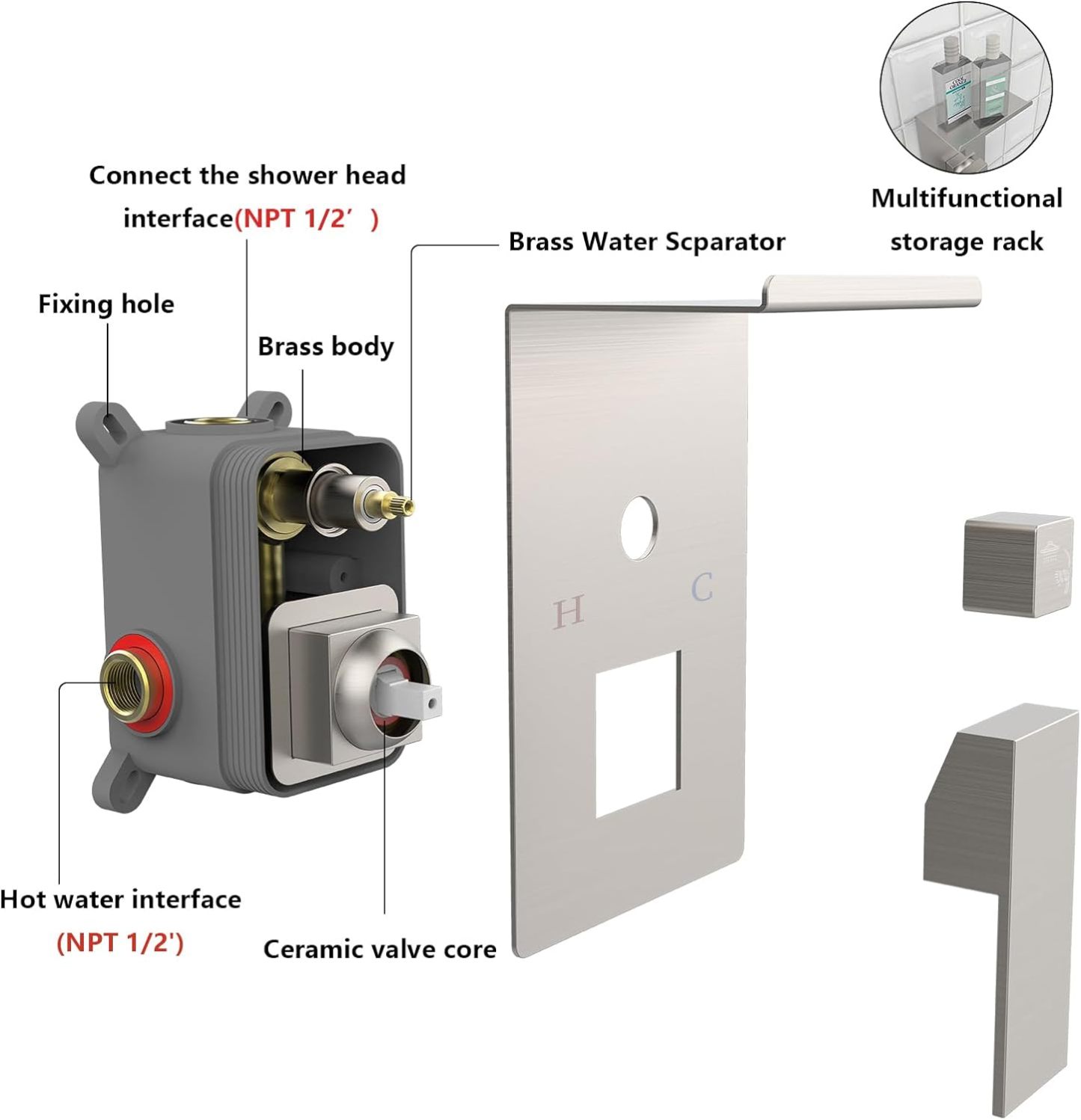 Rainfall Shower System With Storage Rack ​10 inch Shower Faucet Set Brushed Nickel
