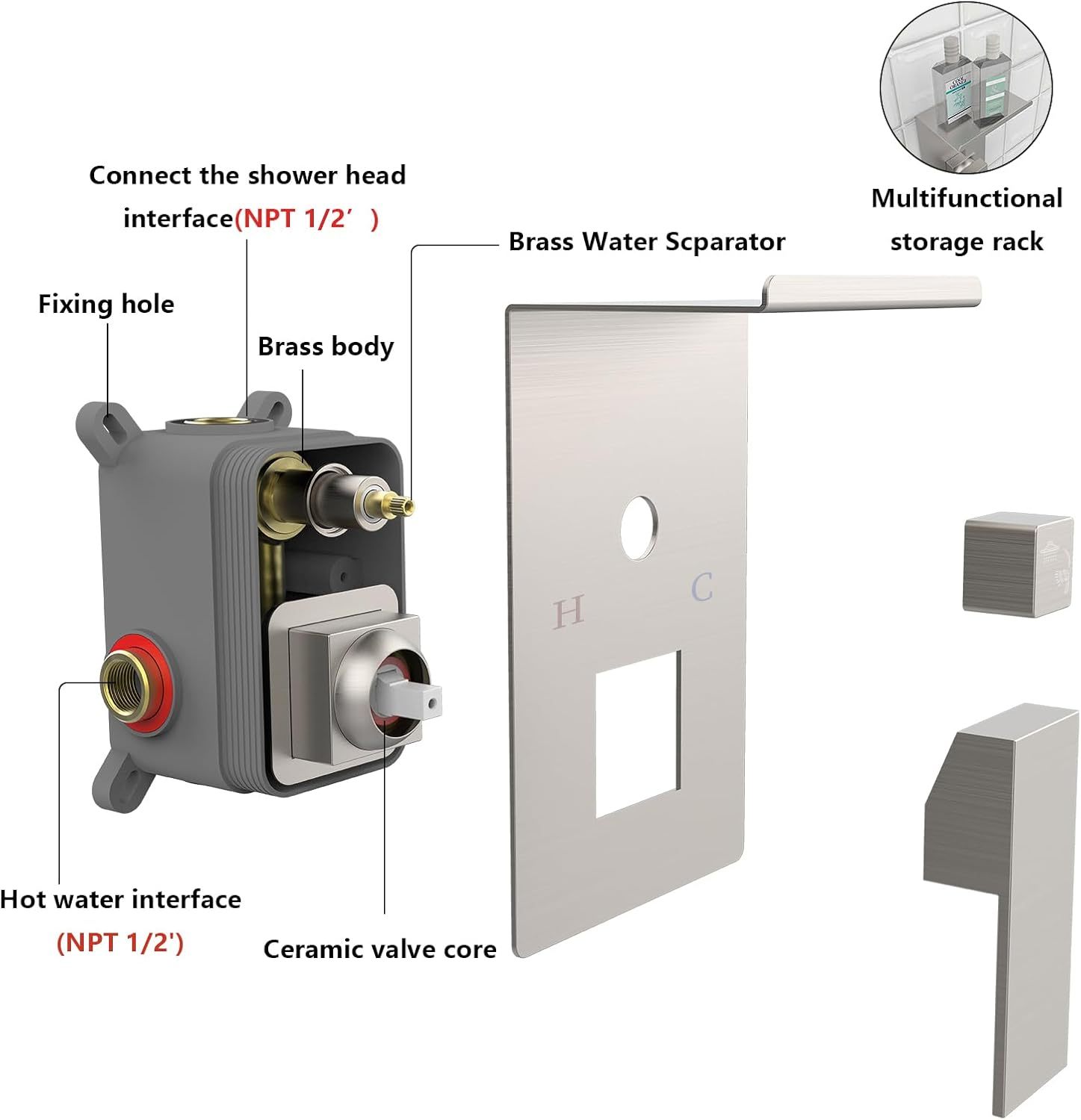 Rainfall Shower System With Storage Rack ​10 inch Shower Faucet Set Brushed Nickel