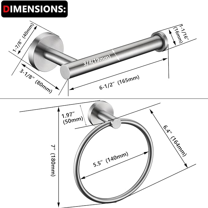 Brushed Nickel Toilet Paper Holder and Hand Towel Ring Set 2 Pieces