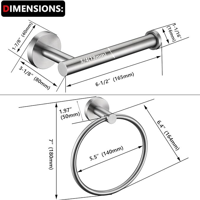 Brushed Nickel Toilet Paper Holder and Hand Towel Ring Set 2 Pieces