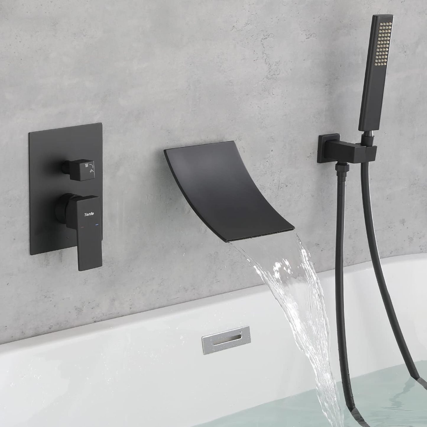 Waterfall Shower head with Handheld, Matte Black Bathtub Shower Faucet with High Flow Wall Mount Tub Faucet