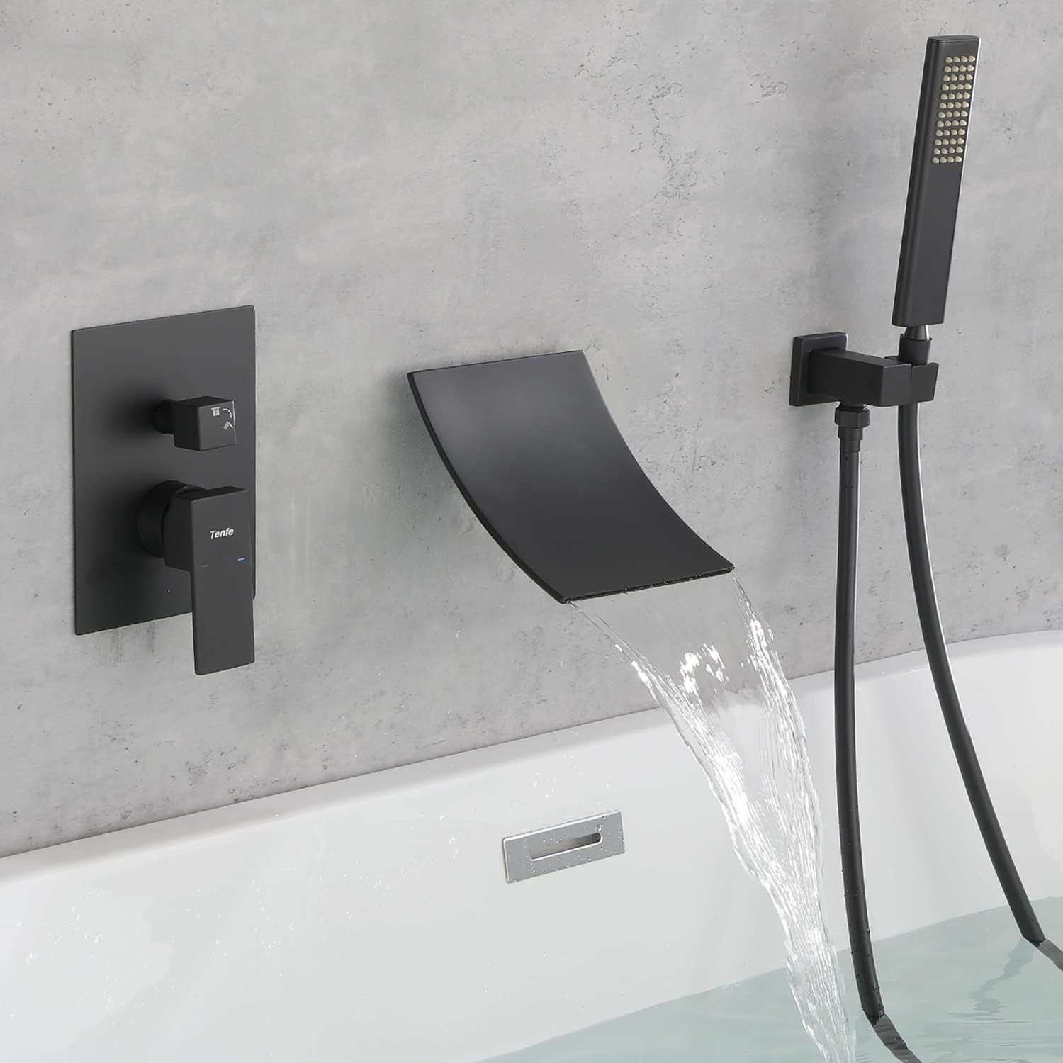 Waterfall Shower head with Handheld, Matte Black Bathtub Shower Faucet with High Flow Wall Mount Tub Faucet