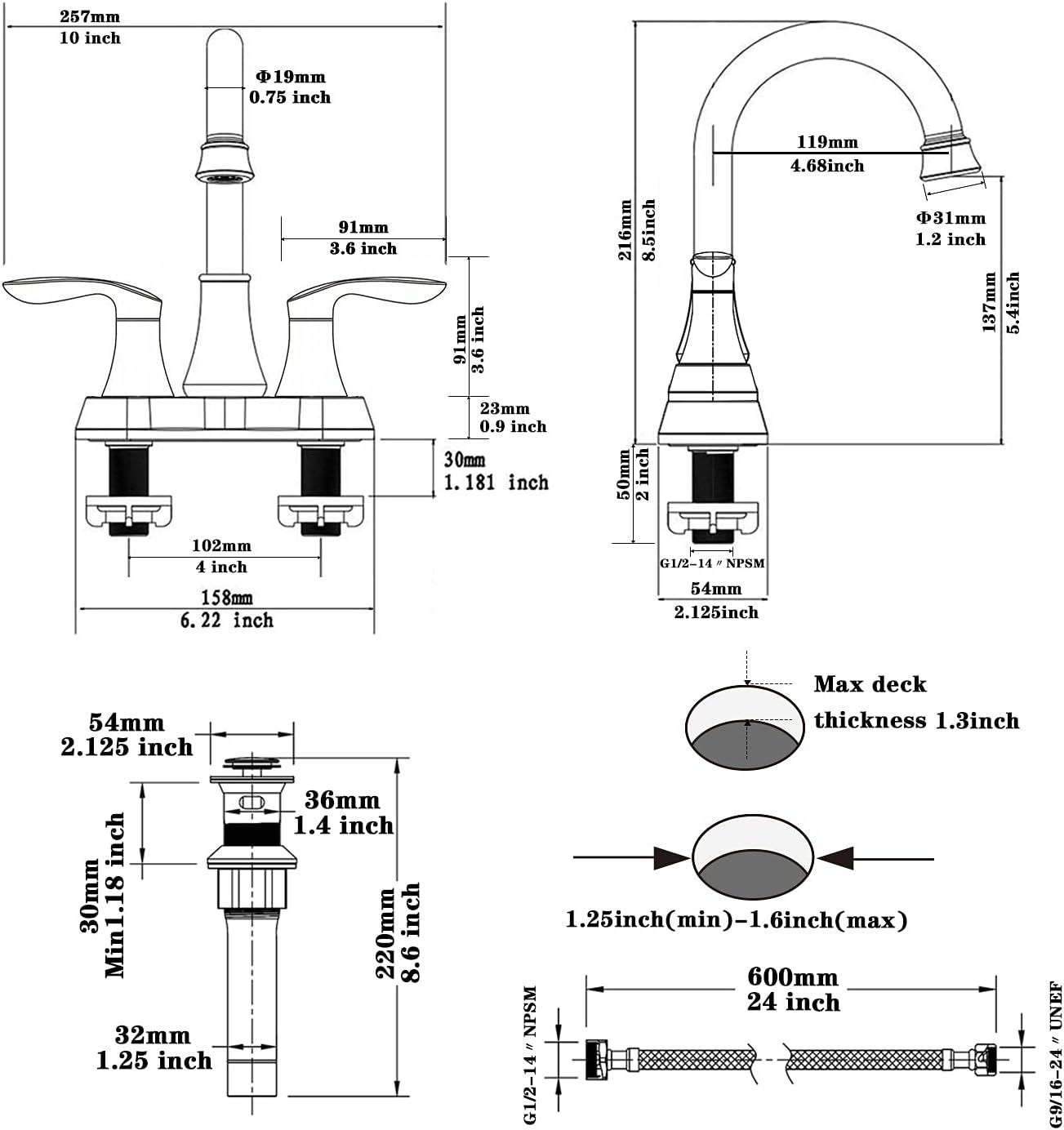 Bathroom Faucet Brushed Nickel with Pop-up Drain & Supply Hoses Two-Handle 360 Degree High Arc Swivel