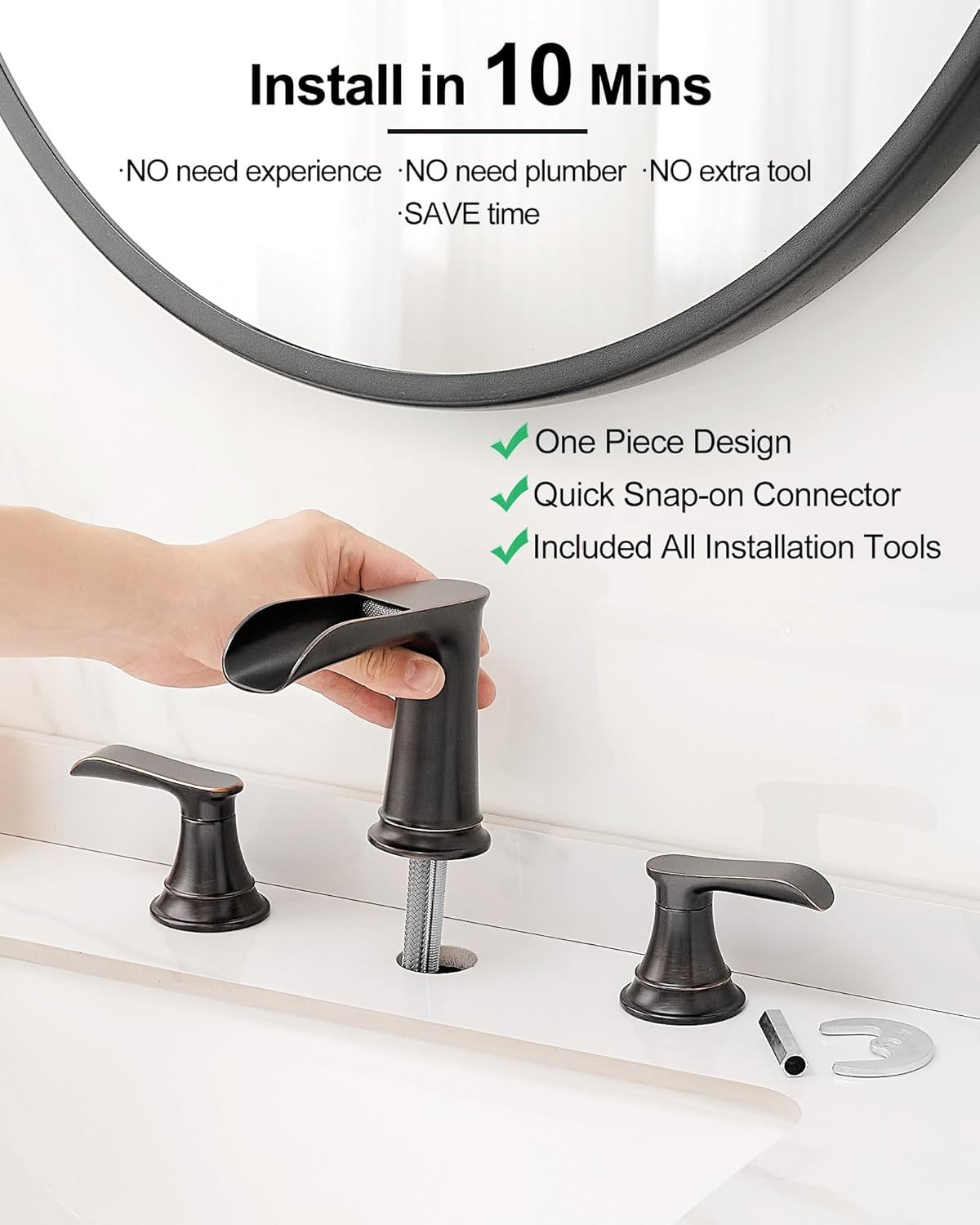 Bathroom Sink Faucet, 8 Inch Widespread, 2 Handles, 3 Hole, Waterfall Design, Ceramic Valve Core