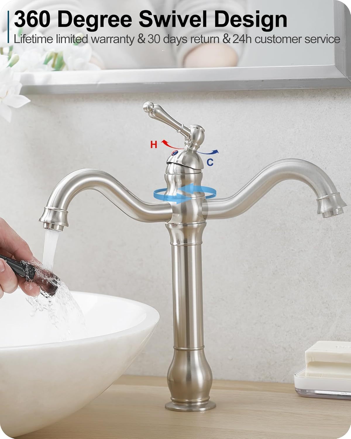 Single Handle Bathroom Faucet Brushed Nickel, Brass Vessel Sink Faucet 360 Degree Swivel Tall Bathroom Sink Faucet 1 Hole, Bathroom Faucets with Pop-up Drain & Aerator for Hotels