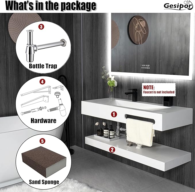 32"x19" Wall Mount Bathroom Vanity with Sink Stone Resin Floating Vanity Sink