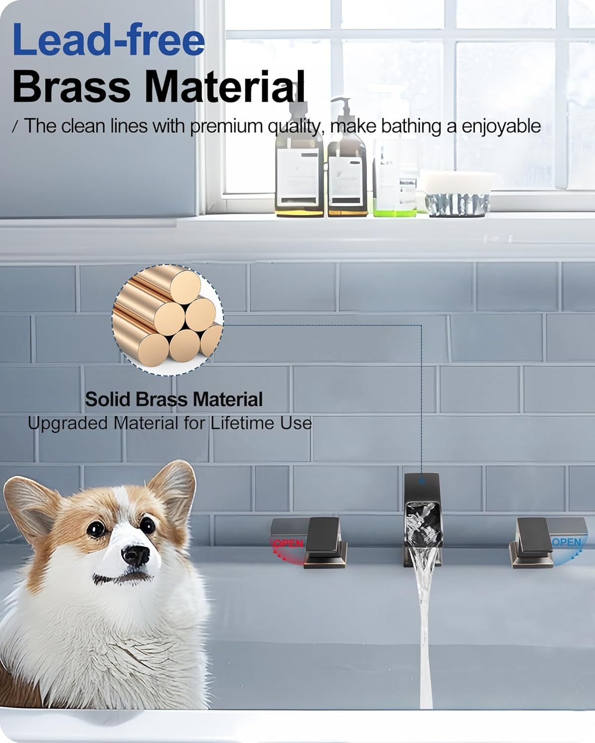 Waterfall Tub Faucet Set 3 Hole, Bathtub Faucet Set 2 Handle, 6-16 Inch Deck Mount Roman Tub Faucets, High Flow Bathtub Faucets with Pre-Installed Water Hose