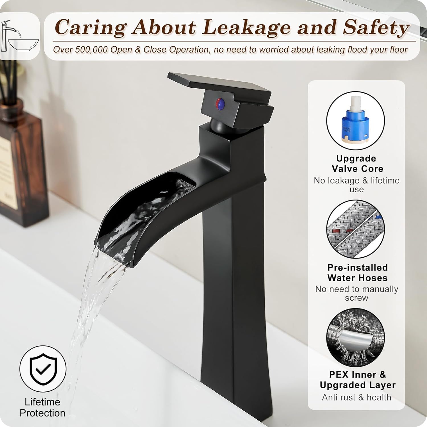 12 Inch Waterfall Tall Bathroom Faucet One Hole with Pop-Up Drain & Pre-Installed Hoses, Single Handle for Bathroom Sink Bowl Deck Mount